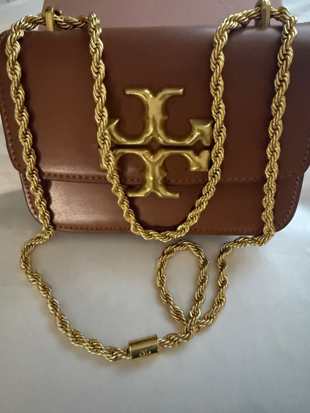 Tory Burch Brown Leather Crossbody with Gold Rope Chain